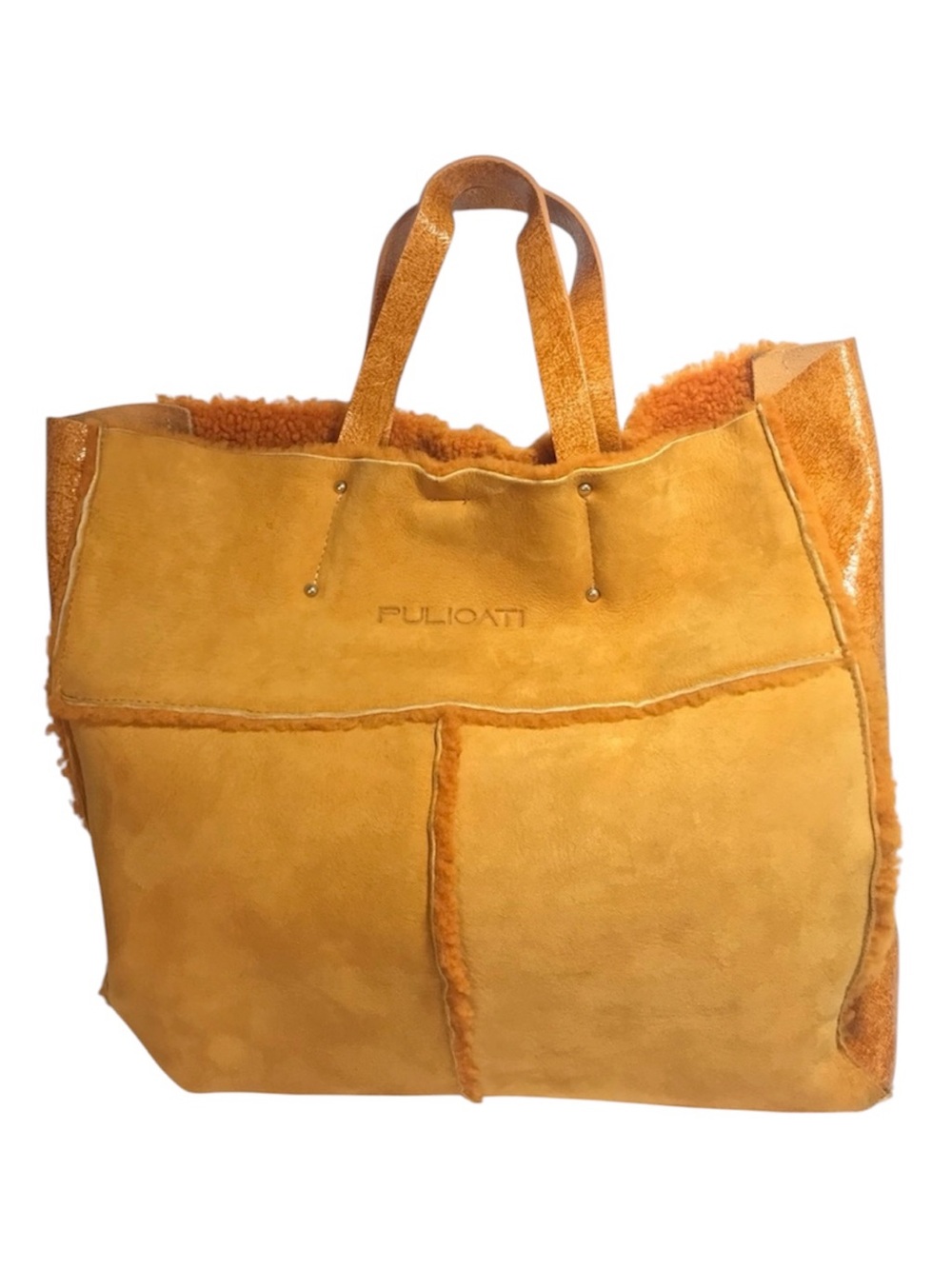 Pulicati Made in Italy Orange Suede Leather Shearling Lined Tote Bag